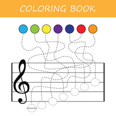 Game for the development of logic for preschool children. Find a match and connect with a line. Learning musical notes. Vector illustration - obrazy, fototapety, plakaty