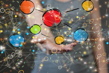 abstract lines with dots over dark background.