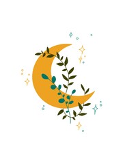 stylish hand drawn digital illustration: moon, stars and leaves. Yellow and green shades. Use for logo design, decoration, print cards, stickers and prints for clothing
