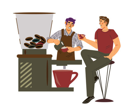 Male barista prepares coffee and his client, flat cartoon vector illustration isolated on white background. Characters for coffee shop.