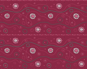 Seamless pattern with horizontal lines, pink flowers, and hearts. Hand drawn romantic background.