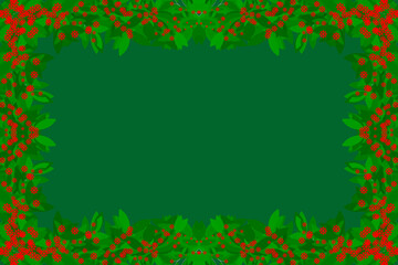 Winter christmas green background with green branch of a poinsettia with leaves and red flower.