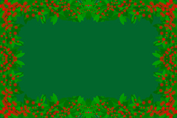 Winter christmas green background with green branch of a poinsettia with leaves and red flower.