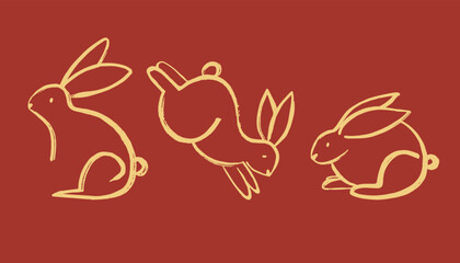 Chinese rabbit set. Golden traditional New Year zodiac animal, clouds and flowers, gold bunny silhouette on red background, 2023 Horoscope, decor elements. Asian lunar calendar, vector illustration - obrazy, fototapety, plakaty