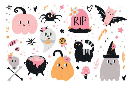 Cute Halloween characters. Funny pumpkin, spooky ghost, black cat and spider. Pink colors, childish prints and cards, party decoration collection. Vector cartoon flat isolated illustration set