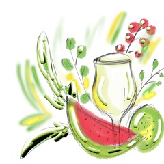 Glass of wine and fruits illustration, Hand-drawn illustration
