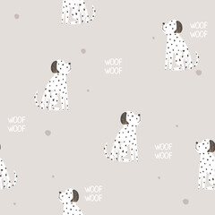 Monochrome seamless pattern with dalmatian. Childish cartoon print. Vector hand drawn illustration. - 524275859