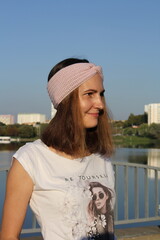 Headbands crocheted knitted on the street on the girl. Product listing for sale. Urban style....