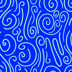 Abstract hand drawn shapes doodle seamless pattern. Blue freehand scribbles. Modern engless design background
