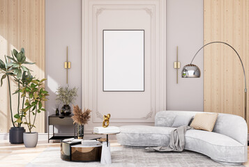mock up poster frame in modern interior fully furnished rooms background, living room,