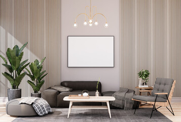 mock up poster frame in modern interior fully furnished rooms background, living room,