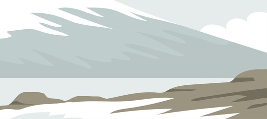 Obraz premium Cold landscape of arctic or antarctica. Snow, rocks, mountains and sea. Wildlife of Iceland, Norway, Alaska. Nature and travel. Flat illustration for background