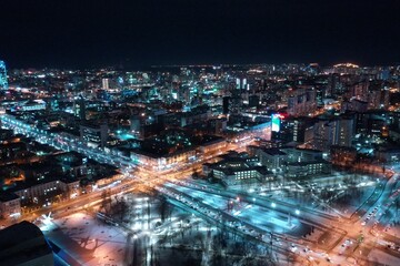 Top view of building with night illumination in center of Yekaterinburg. Russia
