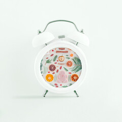 White alarm clock with evergreen branches, dried citrus, homemade cookies, spices, berries, leaves, needles, isolated on pastel background. Christmas time decoration. Minimal New Year card concept.