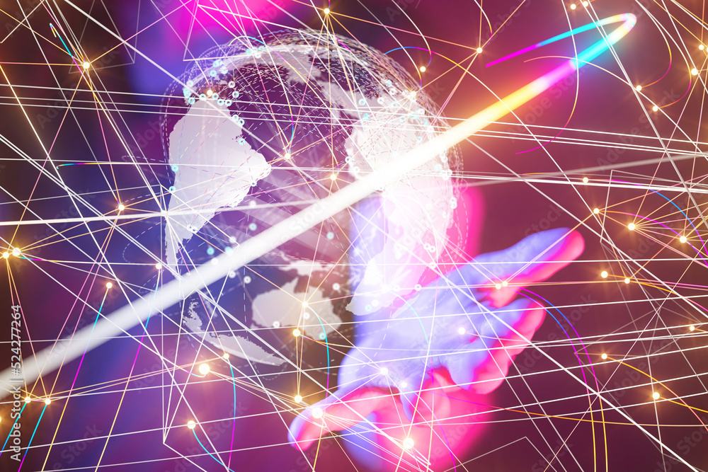 Poster world Global network. Blockchain. 3D illustration. Neural networks and artificial intelligence. Abstract