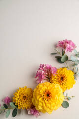 Floral composition greeting card mockup. Pink and yellow flowers with copy space. Hydrangea, dahlias and eucalyptus.