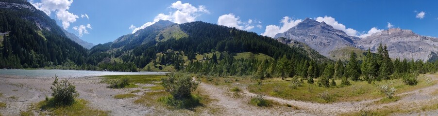 Panorama , górskich szczytów w zieleni drzew.
