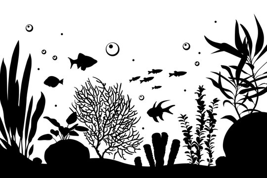 Black and white silhouette of a sea coral reef. Seascape with fish, corals and seaweeds. Illustration of underwater life. 