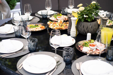 Served table. Restaurant. Outdoor party preparing. Wedding