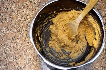 Famous Ottoman meal Keskek made with grain and chicken at home in the kitchen preparation