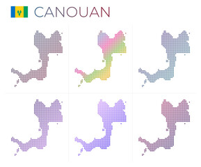 Fototapeta na wymiar Canouan dotted map set. Map of Canouan in dotted style. Borders of the island filled with beautiful smooth gradient circles. Attractive vector illustration.