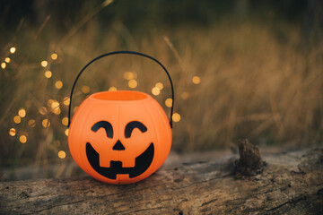 Trick or treat Halloween pumpkin bucket with festive lights on the background.