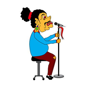 Ilustration Bagong with microphone, Bagong is one of the puppet characters in Indonesia, he is singing. 