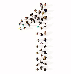 Concept or conceptual large community of people forming the font 1.  3d illustration metaphor for unity and diversity, humanitarian, teamwork, cooperation, education, friendship and community