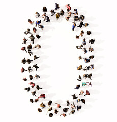 Concept or conceptual large community of people forming the font 0.  3d illustration metaphor for unity and diversity, humanitarian, teamwork, cooperation, education, friendship and community