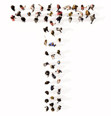 Concept or conceptual large community of people forming the font T. 3d illustration metaphor for unity and diversity, humanitarian, teamwork, cooperation, education, friendship and community
