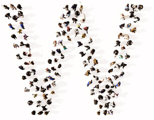 Concept or conceptual large community of people forming the font W. 3d illustration metaphor for unity and diversity, humanitarian, teamwork, cooperation, education, friendship and community