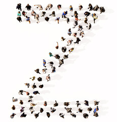 Concept or conceptual large community of people forming the font Z. 3d illustration metaphor for unity and diversity, humanitarian, teamwork, cooperation, education, friendship and community
