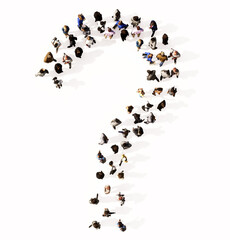 Concept or conceptual large community of people forming the ? font. 3d illustration metaphor for unity and diversity, humanitarian, teamwork, cooperation, education, friendship and community