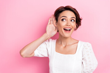 Photo of gorgeous nice pretty girl wear white blouse open mouth staring at empty space hear sale...