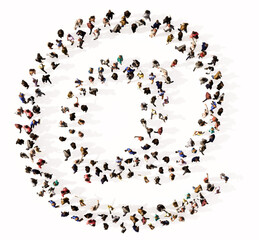 Naklejka premium Concept or conceptual large community of people forming the mail font. 3d illustration metaphor for unity and diversity, humanitarian, teamwork, cooperation, education, friendship and community