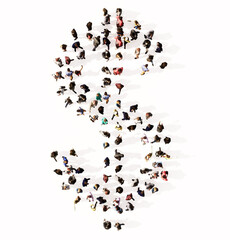 Concept or conceptual large community of people forming the $ font. 3d illustration metaphor for unity and diversity, humanitarian, teamwork, cooperation, education, friendship and community