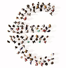 Concept or conceptual large community of people forming the ? font. 3d illustration metaphor for unity and diversity, humanitarian, teamwork, cooperation, education, friendship and community