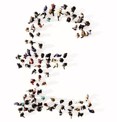 Concept or conceptual large community of people forming the £ font. 3d illustration metaphor for unity and diversity, humanitarian, teamwork, cooperation, education, friendship and community
