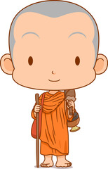 Cartoon character of Buddhist pilgrim monk.	