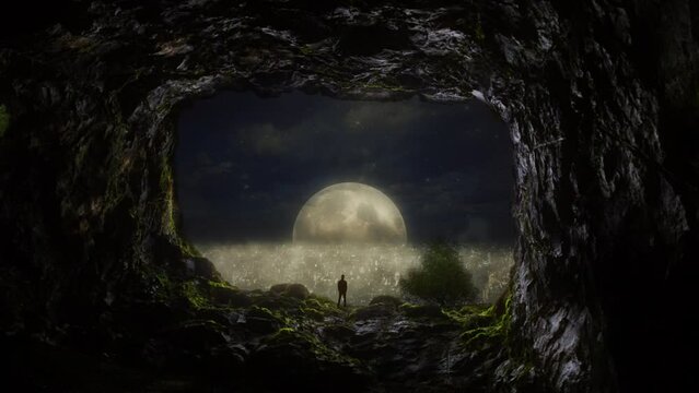 Man Cave Open City Moonlight Foggy Night Zoom In. Man standing on top of a cave open to full moon over foggy city. Zoom in