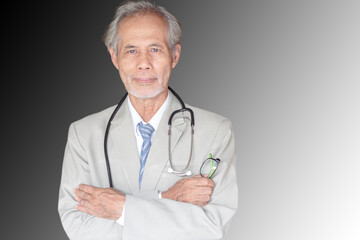 A portrait of an Asian senior male doctor with serious confidence.
