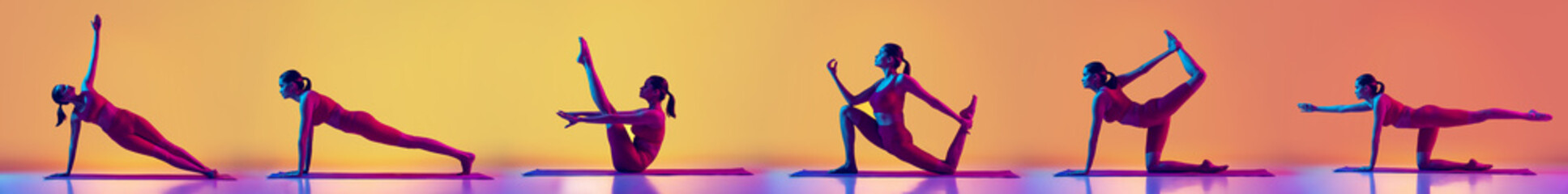 Collage. Young sportive girl doing yoga and stretching exercises isolated over gradient pink and yellow background in neon.