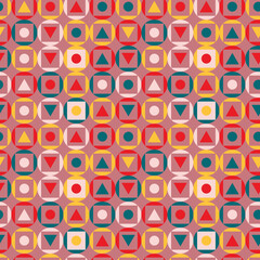 abstract geometric seamless pattern squares, circles, triangles, orange, green, yellow, red