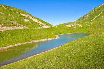 Fototapeta na wymiar Side view main shuamta lakes in high adjara on scenic hiking route