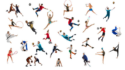 Collage of sportive people, adults and children doing different sports, posing isolated over white...