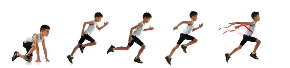 Side view portrait of little boy in motion, running isolated over white studio background. Collage....