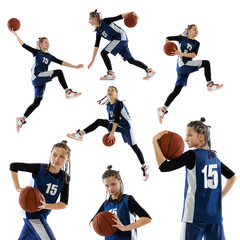 Collage. Portrait of teen girl in blue uniform training, playing basketball isolated over white...