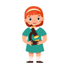 Character girl with a microscope in her hands. Vector graphic.