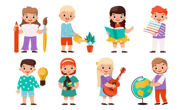 Schoolchildren.  Characters boys and girls stand with different school elements. Vector graphic.