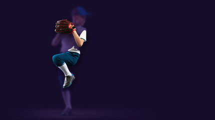 Flyer. Blurring effect portrait of sportive kid, beginner baseball player in sports uniform playing...
